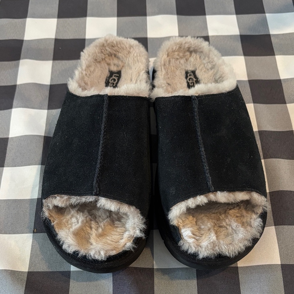 UGG Black Suede Slippers with Cream Fur
